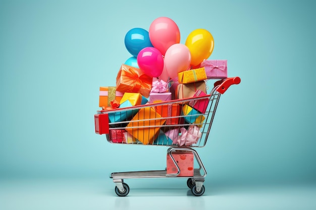 A vibrant shopping cart bursting with balloons and presents creating a joyful and celebratory scene Shopping cart loaded with gifts wrapped in bright cheerful paper AI Generated