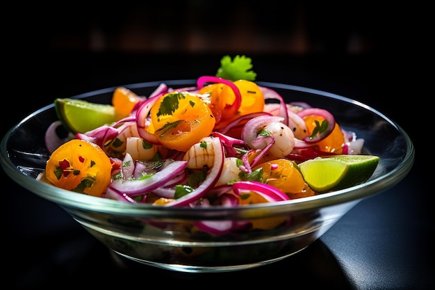 Vibrant shot of a bowl of freshly made ceviche with lime wedges