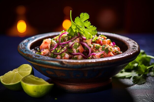 Vibrant shot of a bowl of freshly made ceviche with lime wedges