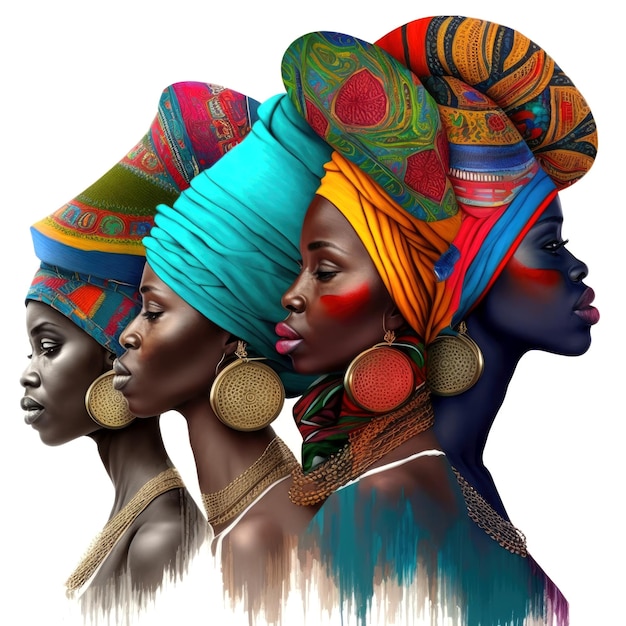 Vibrant Side Profile Four African Women in Colorful Traditional Attire Generative ai