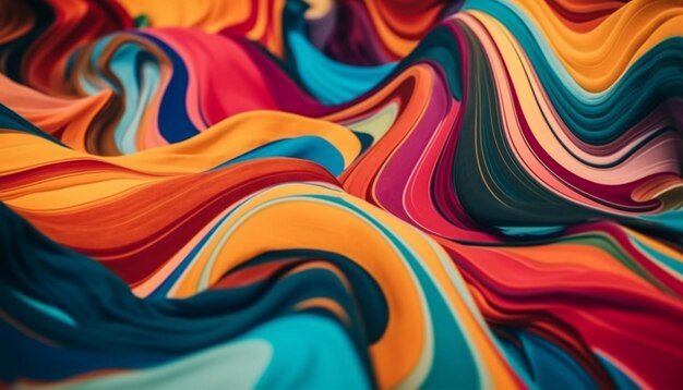 Vibrant silk waves create abstract elegance on striped textile backdrop generated by AI