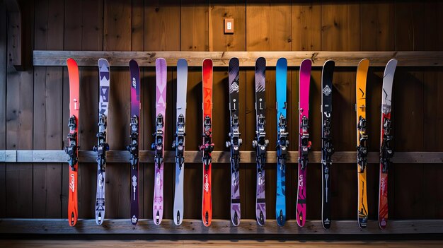 Vibrant ski racks against rustic wooden wall