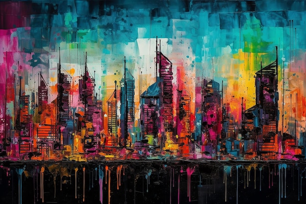 Vibrant Skylines in Glitch Art Mixed Media