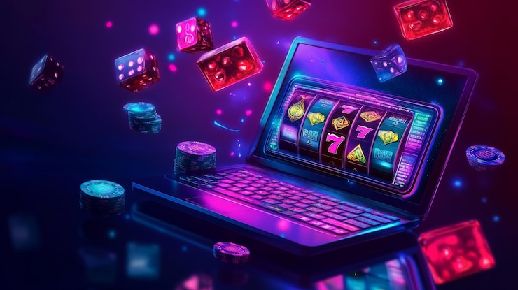 Foto vibrant slot machine jackpot winst met drijvende casino chips