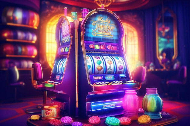 Vibrant Slot Machine with a Pile of Coins A Captivating Stock Image Powered by Generative AI