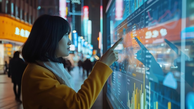 In a vibrant smart city zone a Chinese marketing expert analyzes consumer trends using an interactive digital wall filled with dynamic data visualizations