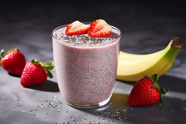 A vibrant smoothie placed on a marble countertop with a scattering of chia seeds
