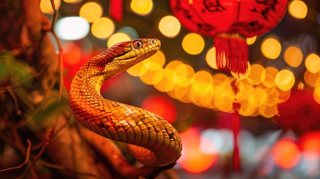 Vibrant Snake Amidst Chinese Lanterns