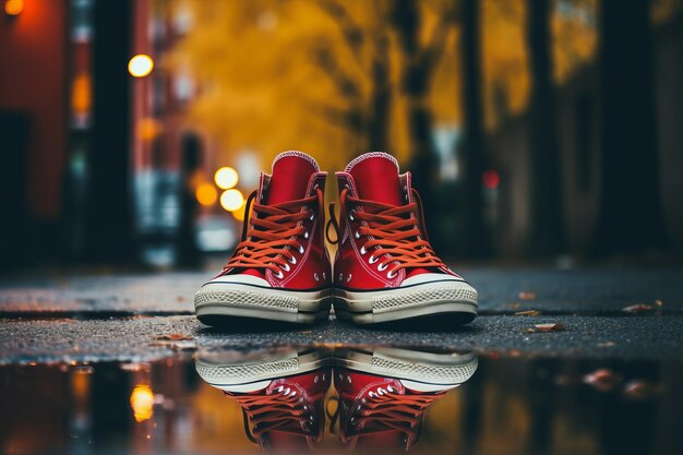 Photo vibrant snapshots capturing red converse allstar hightops in selective focus