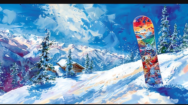 яркий сноуборд, стоящий вертикально в заснеженном ландшафте с чистым голубым небом