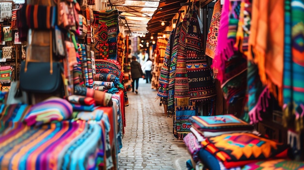 A vibrant South American market is full of colorful stalls selling handmade souvenirs and textiles