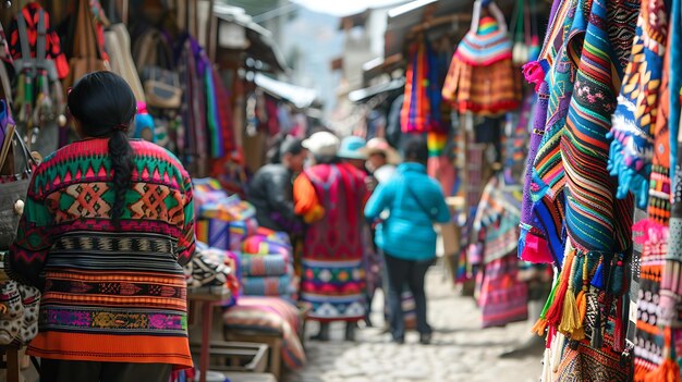 Photo a vibrant south american market with stalls selling colorful handmade souvenirs and textiles