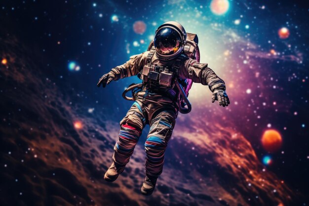 Photo in vibrant space an explorer in a cosmic ballet with abundant copy space