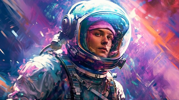 Vibrant space odyssey astronaut in space suit with colorful background and digital art powered by generative ai