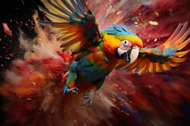 Vibrant spectacle stunning aerial view of ara parrot amid colorful powder explosion