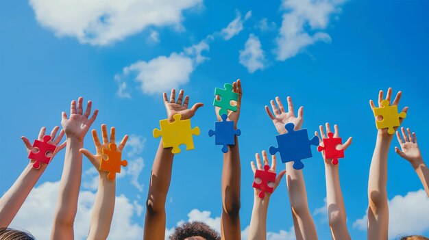 Foto uno spettro vibrante di mani alzate contro un cielo blu ognuna con un pezzo del puzzle di un colore diverso