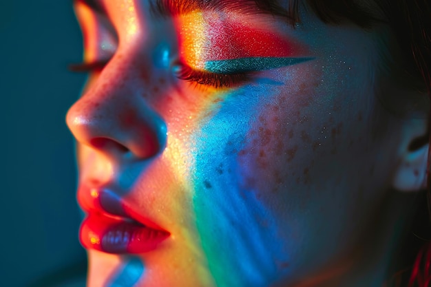 Vibrant Spectrum Woman Adorned in Rainbow Makeup