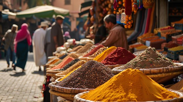 Photo vibrant spices in a bustling moroccan market the rich colors and textures of the spices are on full display creating a feast for the senses