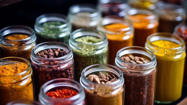 Photo vibrant spices in clear jars close up