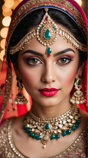 Фото Портрет индийской невесты в красочной лехенге, излучающей радость и элегантность невесты.