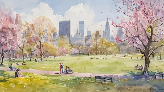 Vibrant Spring in the City ParkA Watercolor Impression of People Enjoying Leisure Time Amidst Blooming Flowers and Cityscape