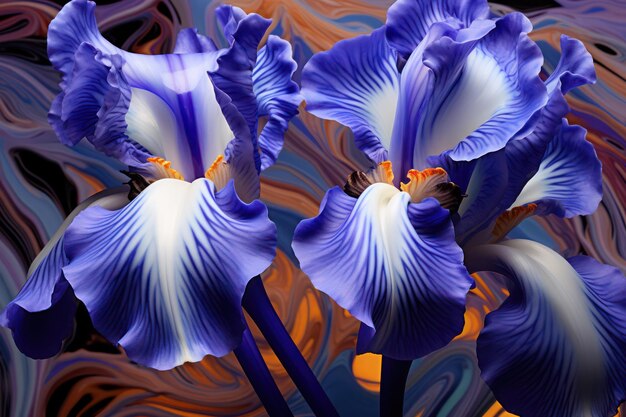 Vibrant Spring Iris Blossom in a Colorful Floral Bouquet Surrounded by Fresh Green Foliage against a Bright Blue Closeup Background