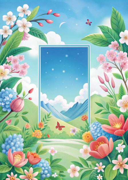 Photo vibrant spring landscape with blooming flowers green hills and blue sky nature illustration with colorful blossoms butterflies and scenic mountain view