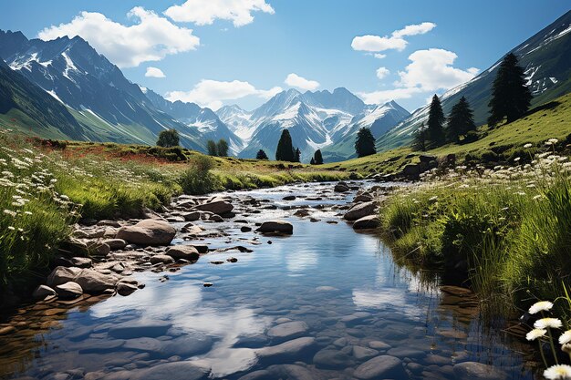 Vibrant spring mountain landscape with stream valley