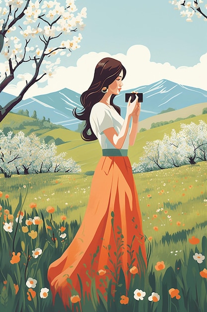 Vibrant spring scene a girl in a long dress holding a camera