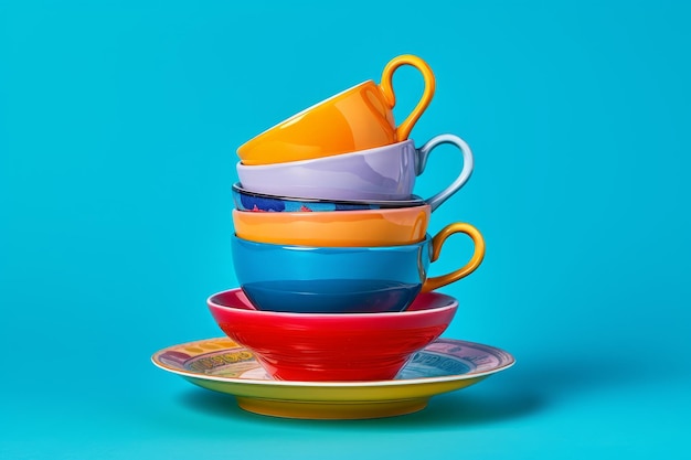 Vibrant Stacked Ceramic Mugs on Round Saucer A Colorful Blue Background Ar 32