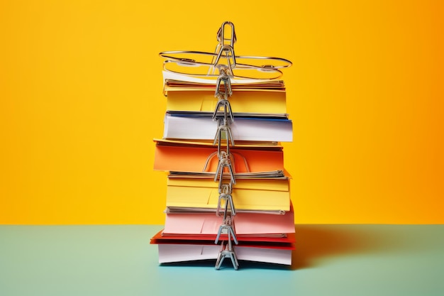 Vibrant stacking organizing business documents with colorful binder clips on a sunny yellow backgro