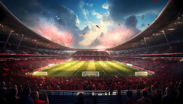 Яркая сцена на стадионе с фейерверками на закате и восторженными фанатами, созданными искусственным интеллектом