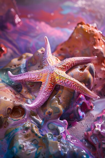 Vibrant Starfish on Colorful Abstract Underwater Background with Purple and Pink Hues