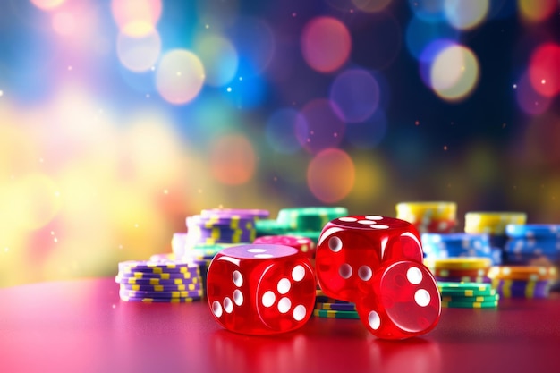 vibrant stash red dice and a tower of multicolored casino tokens