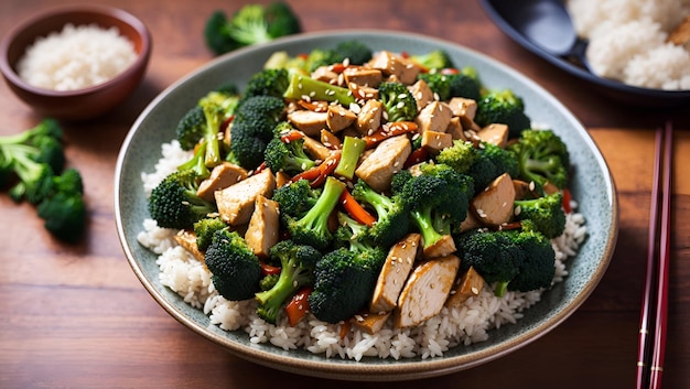 A vibrant steaming plate of chicken and broccoli stir fry with a hint of garlic and ginger