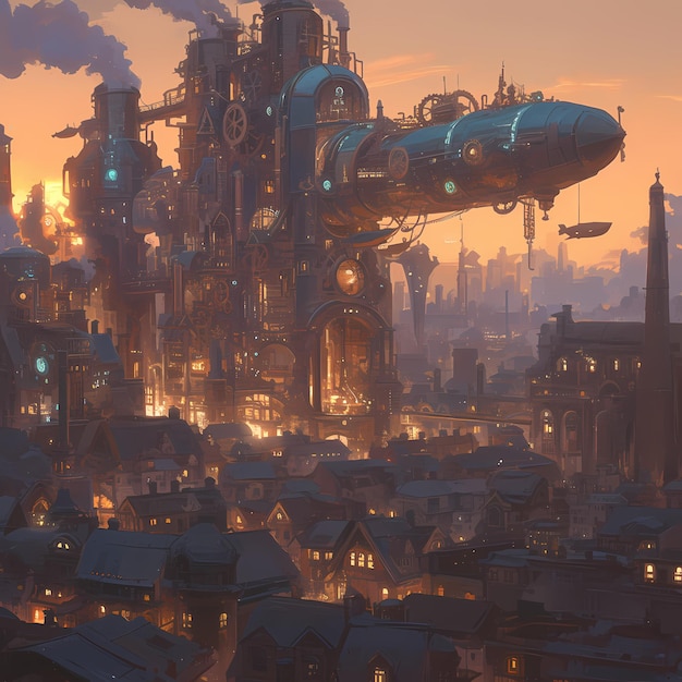 Vibrant Steampunk Cityscape at Dusk