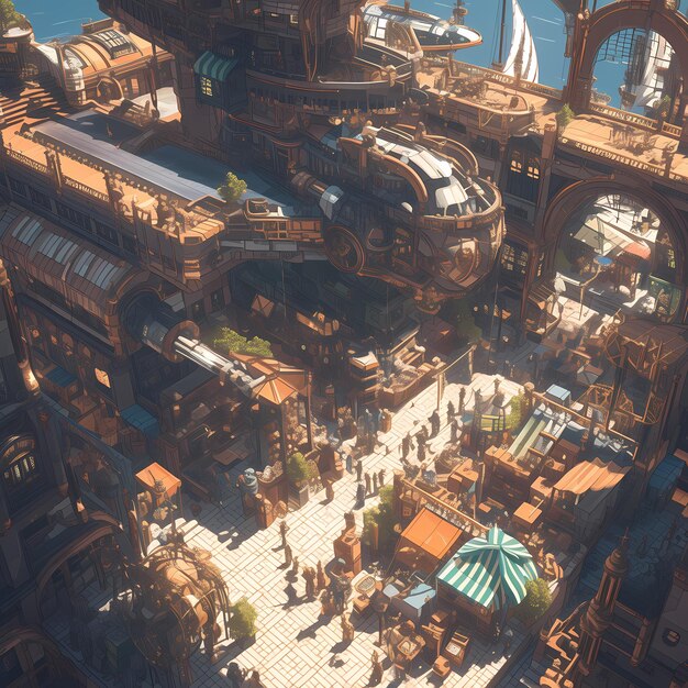 Photo vibrant steampunk marketplace scene