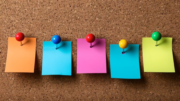 Vibrant Sticky Notes on Cork Board with Colorful Pushpins Organized Workspace Planning Concept Simple Effective Design AI