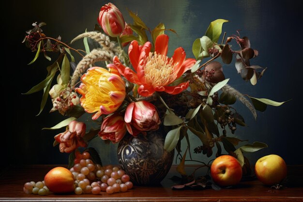 Vibrant still life with flowers and fruit