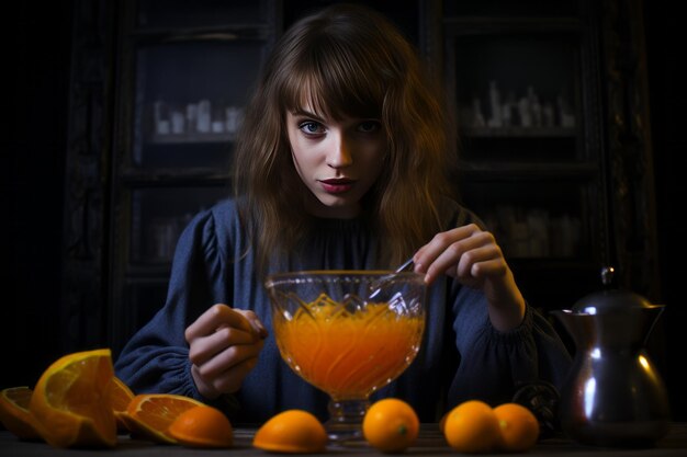 Foto vibrant stirred orange drink a crop woman's delight