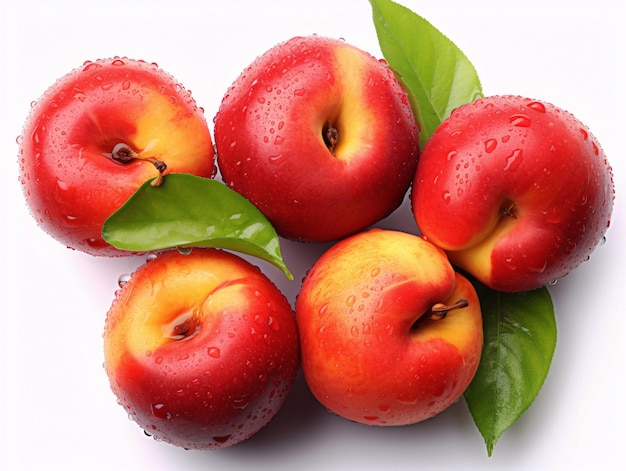 Vibrant Stock Image Four Red Apples with Green Leaves on a Clean White Surface Generated by AI