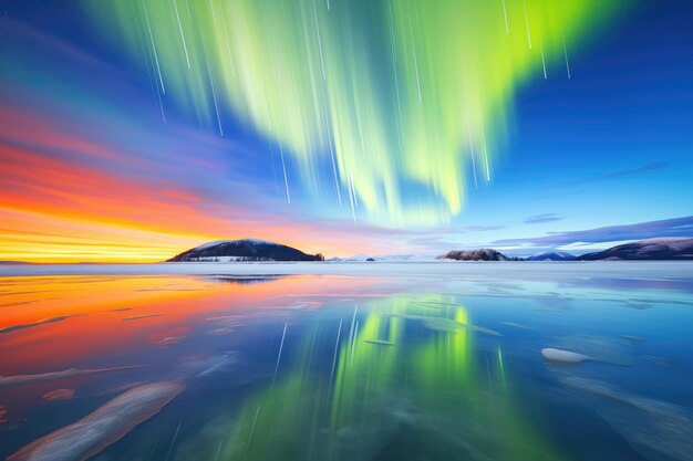 Vibrant streaks of aurora over an icy bay