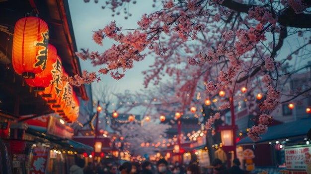 A vibrant street festival celebrating the sakura season with colorful floats and lively performances under a canopy of blossoms