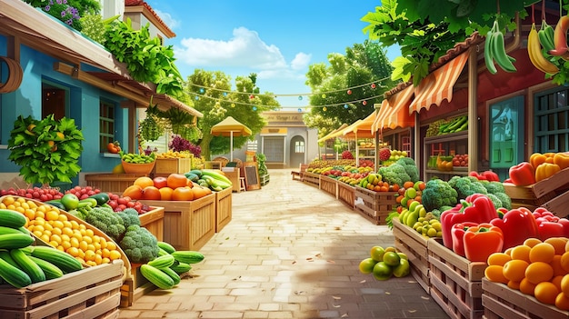 Vibrant Street Filled With Fruits and Vegetables Generative AI