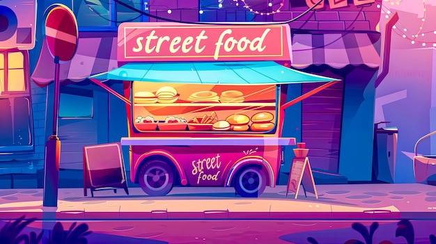 Vibrant street food cart at night