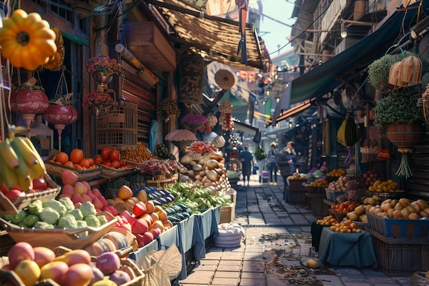 A vibrant street market bustling with activity oct