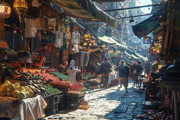 Photo vibrant street market bustling with activity