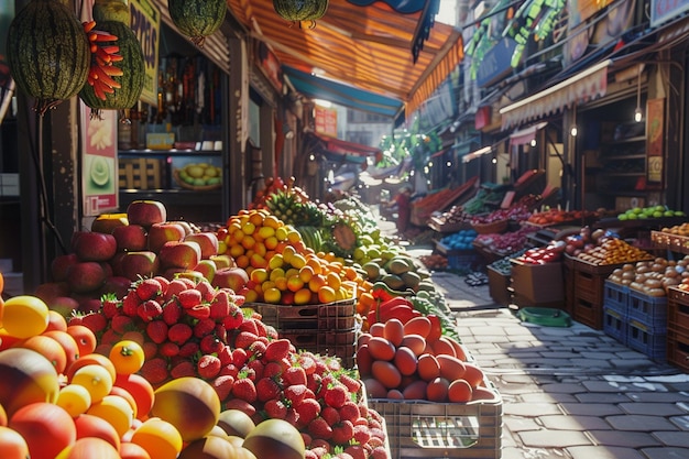 A vibrant street market filled with exotic fruits