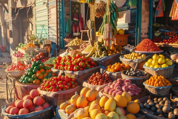 Живой уличный рынок с экзотическими фруктами и специями