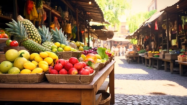 Vibrant street market with fresh fruits and vegetables